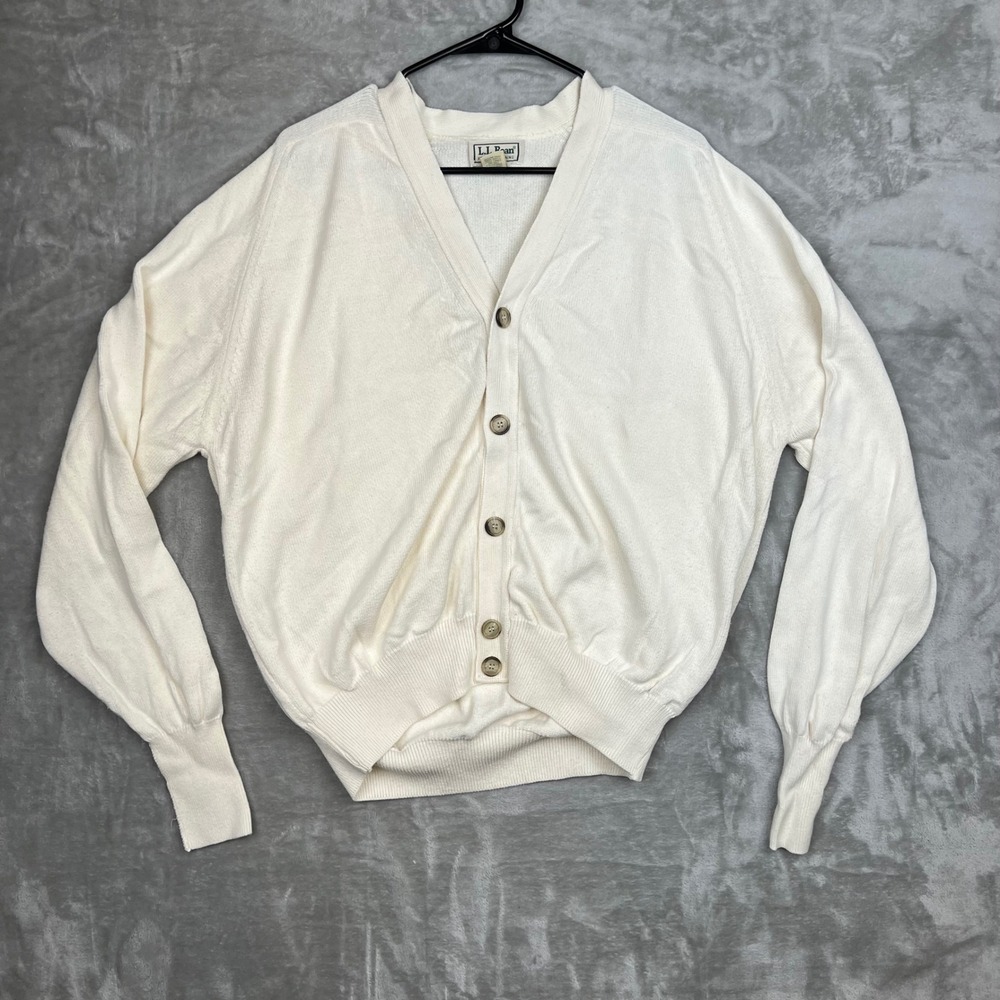 Vintage L.L.Bean Mens Large Cream Cotton‎ V-Neck Button Front Cardigan Sweater